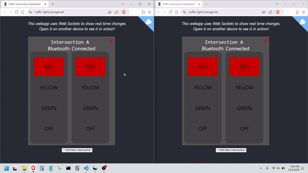 Animation showing two grey panels with rectangular buttons labeled red, yellow, green, and off.