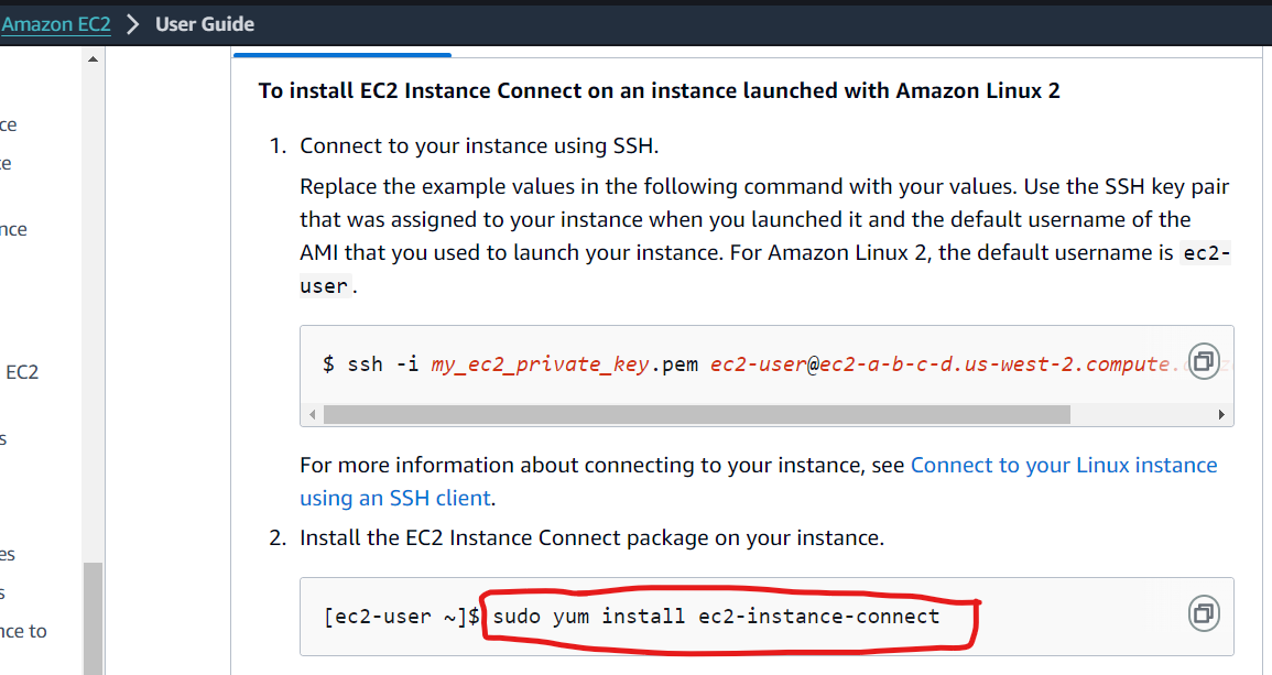 A screenshot of the AWS documentation for installing EC2 instance connect. The command reads 'sudo yum install ec2-instance-connect' but does not include the '-y' flag. This wasted hours of my life.