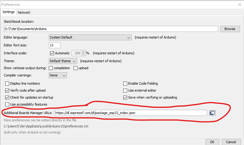 Screenshot of the Arduino IDE Preferences window with the boards URL circled in red.