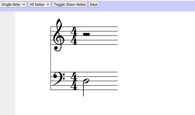Screenshot of the Piano Practice web-app, treble and bass cleffs are visible.